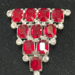Vintage Dress Clip w/Red Prong set Rhinestones & etched silver clip -2” x 1 3/4”